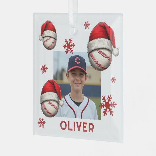 Ornement En Verre Baseball Ball Santa Hat Name Photo Christmas (Avant gauche)
