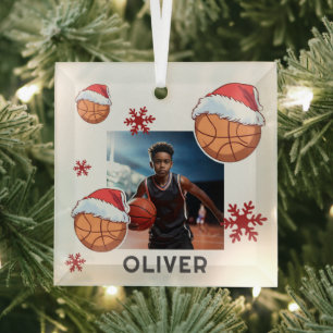 Ornement En Verre Basketball Casquette de Père Noël Nom Photo Noël