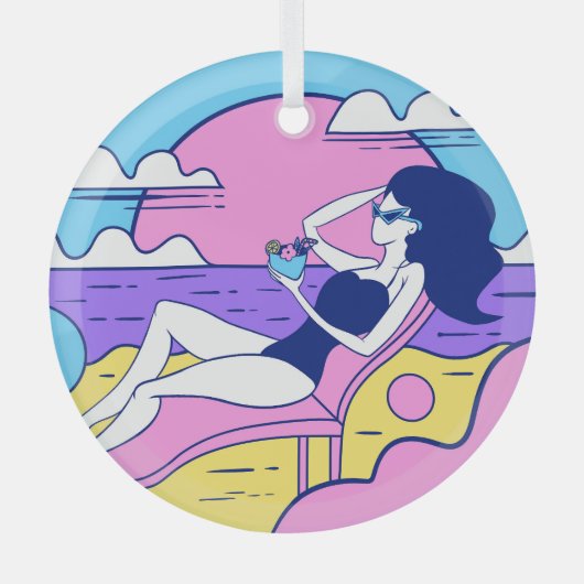 Ornement En Verre Beach Sunbathing Girl Cocktail Illustration. (Recto)