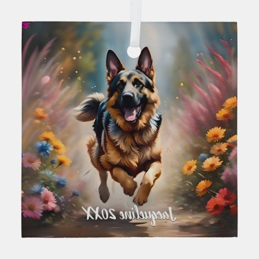 Ornement En Verre Beau Berger Allemand Chien & Fleurs (Verso)
