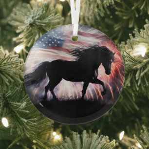 Ornement En Verre Beau cheval noir et drapeau américain