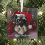 Ornement En Verre Beau Schnauzer miniature avec Santa Hat<br><div class="desc">Ce magnifique design de Noël montre un doux Schnauzer miniature portant un chapeau de Père Noël rouge.</div>