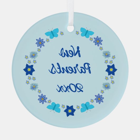 Ornement En Verre Bébé bleu Papillons et fleurs personnalisés (Verso)