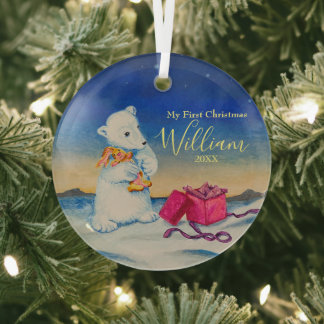 Ornement En Verre Bébé Polar Ours Premier bébé Noël