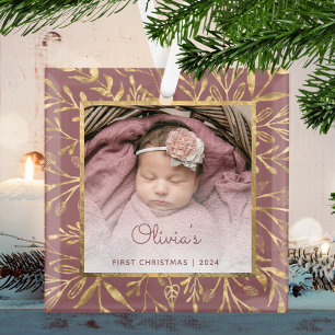 Ornement En Verre Bébés 1er Noël Photo Dusty Rose Gold Foliage