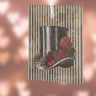 Ornement En Verre Black Victorian Hat on Black Gold Damask Stripes
