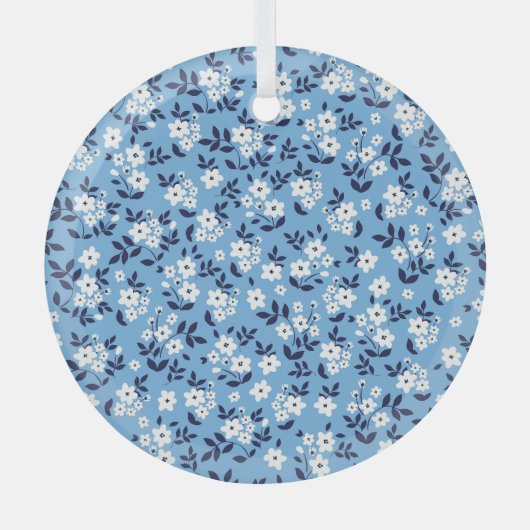 Ornement En Verre Bleu, Fleurs blanches : Vintage (Recto)