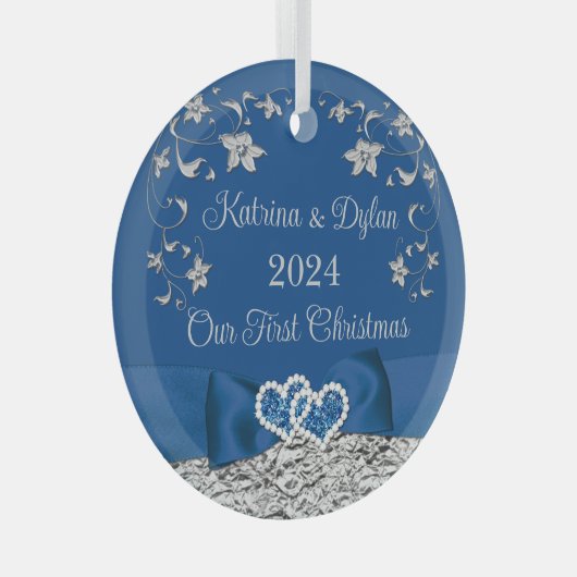 Ornement En Verre Bleu Royal Gris Cœurs Amour Mariage 1er Noël (Avant droite)