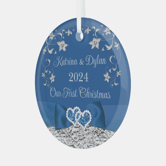 Ornement En Verre Bleu Royal Gris Cœurs Amour Mariage 1er Noël (Avant gauche)