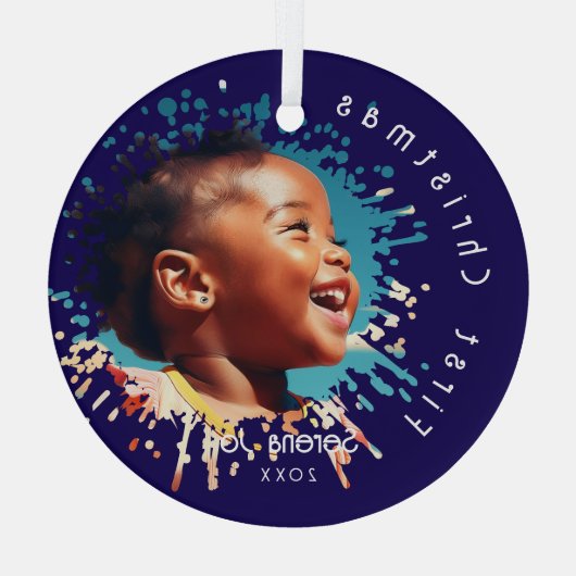 Ornement En Verre Blue Baby's First Christmas Splatter Pattern (Verso)