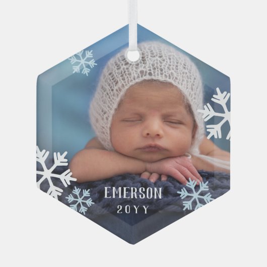 Ornement En Verre Blue White Snowflakes Baby Photo Ajouter nom et an (Recto)