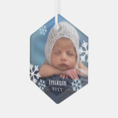 Ornement En Verre Blue White Snowflakes Baby Photo Ajouter nom et an (Avant gauche)