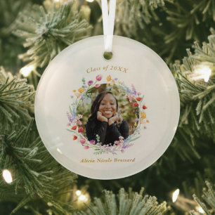 Ornement En Verre Boho Watercolor Floral Graduation Keepsaké Photo