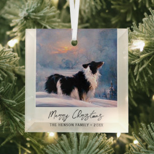 Ornement En Verre Border Collie dans un paysage enneigé de Noël en h