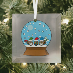Ornement En Verre Boule à neige avec trois hiboux gnomes