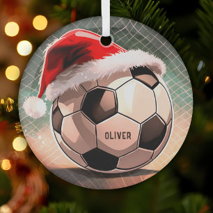Ornement En Verre Boule de football avec chapeau rouge Père Noël