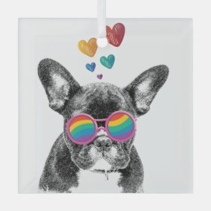 Ornement En Verre Bouledogue français avec coeurs Saint-Valentin
