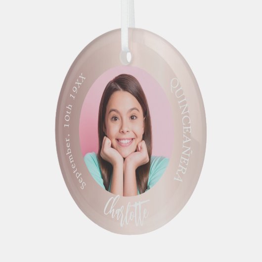 Ornement En Verre Brousse en or rose photo personnalisée Quinceanera (Avant gauche)