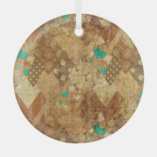 Ornement En Verre Brown Grunge Quilt Stars Coeurs