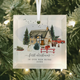 Ornement En Verre Cabine à l'aquarelle Premier Noël dans une nouve