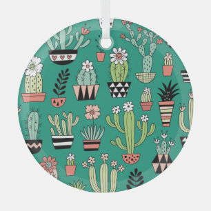 Ornement En Verre Cactus Fleuris Fond Vert Vintage