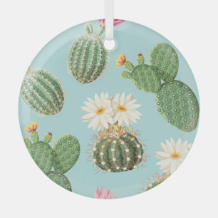 Ornement En Verre Cactus, fleurs roses : décor clair