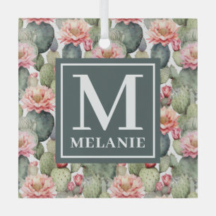 Ornement En Verre Cactus Motif Fleurs roses Monogramme