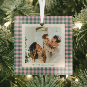 Ornement En Verre Cadeau de Noël de photo de famille rose vert moder