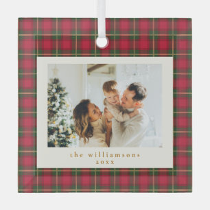 Ornement En Verre Cadeau de Noël photo de famille carreaux rouge et