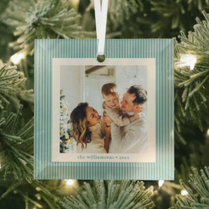 Ornement En Verre Cadeau de Noël photo rayé vert sarcelle vintage