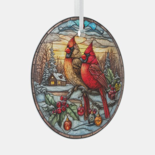 Ornement En Verre Cardinals on Snowy Branch with Holly (Avant droite)