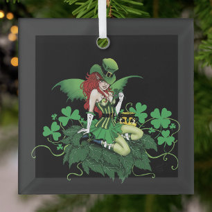 Ornement En Verre Chance Trèfle Vert Fée Rouge Cheveux Shamrock