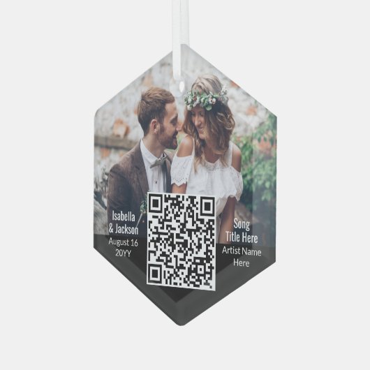 Ornement En Verre Chanson mariage QR Code & Photo Nouveaux mariés He (Avant gauche)