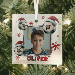 Ornement En Verre Chapeau de Noël de Santa Football Soccer Nom Photo