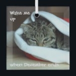 Ornement En Verre Chat couché à Santa Hat<br><div class="desc">Fatigué,  le chaton grincheux en a marre de l'agitation et des festivités bruyantes et veut dormir à travers tout.</div>