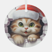 Ornement En Verre Chat de Noël mignon à travers le mur illustré (Recto)