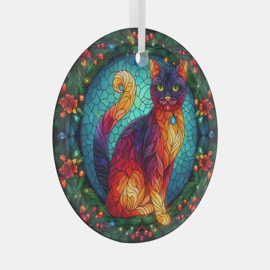 Ornement En Verre Chat en verre avec Noël Holly (Avant droite)