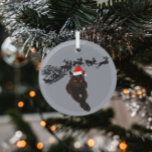 Ornement En Verre Chat noir avec chapeau de Santa | Sleigh et Reinde<br><div class="desc">Un ornement de Noël personnalisé est une excellente façon de célébrer votre animal de compagnie à Noël. Un dessin d'un chapeau de Père Noël rouge et blanc est placé sur la photo d'un chat noir. Une silhouette de Père Noël qui traîneau et rennes volant à travers le ciel est dans...</div>