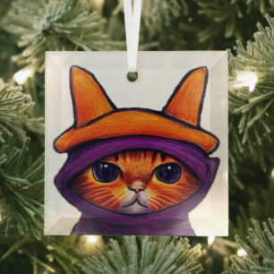 Ornement En Verre Chat orange avec chapeau de sorcière violet Hallow