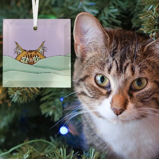 Ornement En Verre Chat roux curieux à cache-cache drôle lavande vert