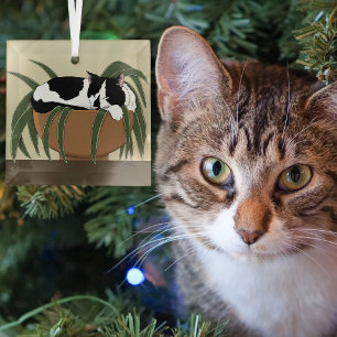 Ornement En Verre Chat Tuxedo Noir et Blanc Drôle Endormi dans une P