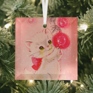 Ornement En Verre Chaton de Noël rose vintage