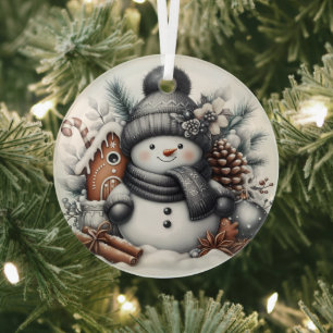 Ornement En Verre Cher bonhomme de neige avec maison en pain d'épice