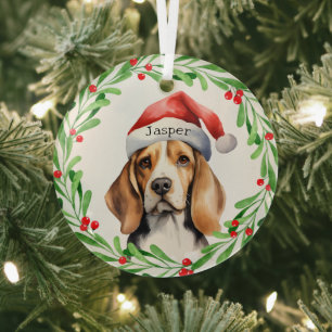 Ornement En Verre Chien de Noël Beagle Santa Hat Décor de la maison 
