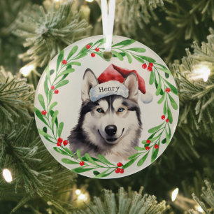 Ornement En Verre Chien de Noël Sibérien Husky Santa Hat