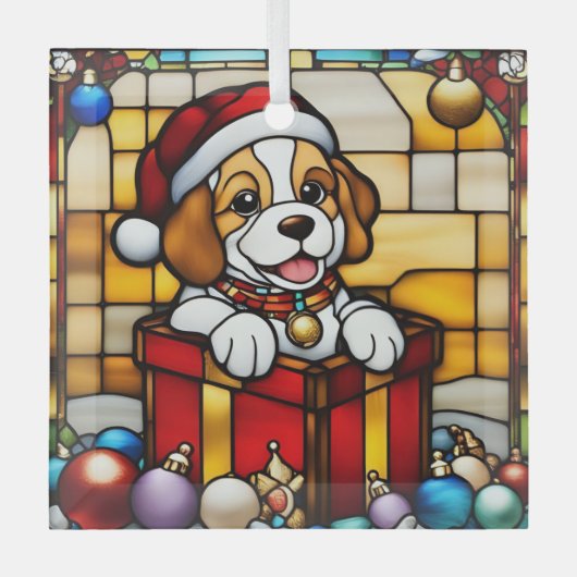 Ornement En Verre Chiot de Noël Enveloppé Faux Vitrail (Recto)
