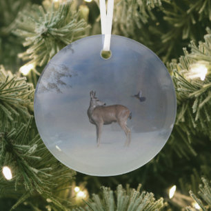 Ornement En Verre Christmas Holiday Wildlife Deer et Blue Jay