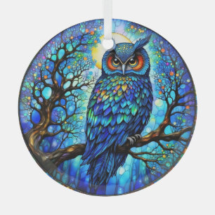 Ornement en verre circulaire bleu à motif de hibou
