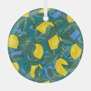 Ornement En Verre Citrons, feuille : motif tropical d'agrumes.
