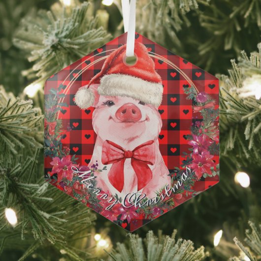 Ornement En Verre Cochon de Noël Cuisine Piglet Wreath Buffalo Plaid (Insitu)
